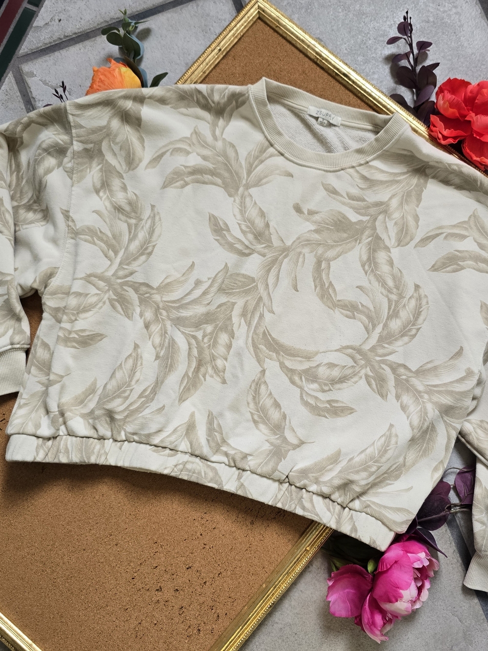 Z Supply cream/neutral Palm Crewneck Cropped Popover sweatshirt